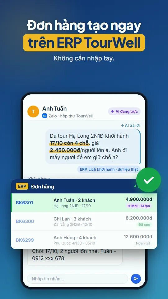 Trợ lý AI của TourWell tạo đơn hàng ngay từ tin nhắn Zalo của khách
